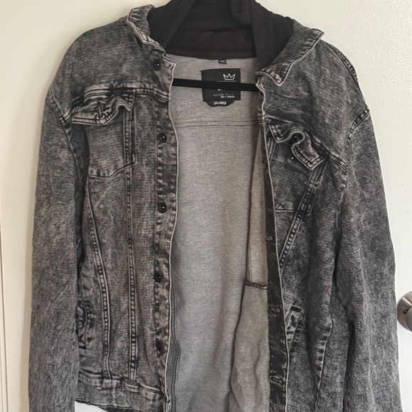 2X Blue Crown Acid Wash Denim Jacket 2XL Hooded Grey Skater Tillys - Picture 2 of 10